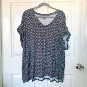 Cosmo Vintage Geometric Print V-neck Short Sleeve Tunic Top